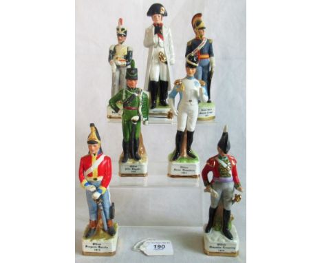 A collection of seven porcelain figures of gentlemen in military costume, to include: The Royal Horse Guards Trooper, Napoleo