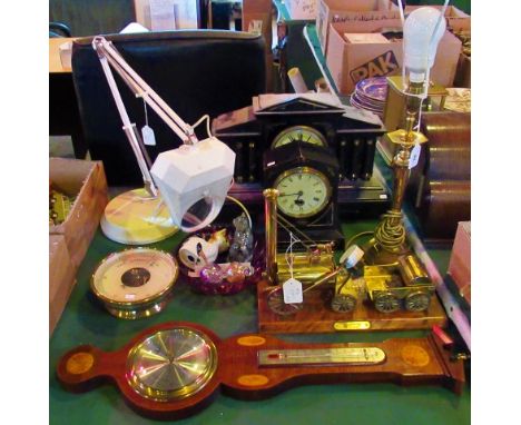 A miscellaneous collection of household items, to include: angle-poise magnifying lamp, brass table lamp, two mantle clocks, 