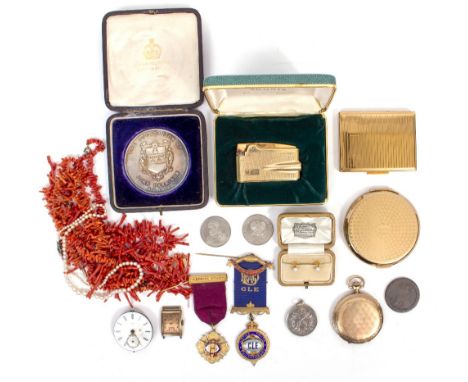 A GOLD PLATED ZENITH HUNTER POCKET WATCH a white metal medallion, two gilt silver RAOB medals, a coral necklace, a mantle clo