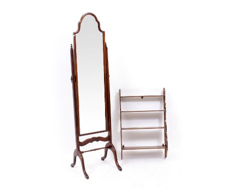 A CONTEMPORARY MAHOGANY CHEVAL MIRROR with shaped top, 40cm wide x 163cm high approximately together with a vintage mahogany 