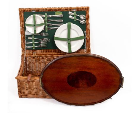 A HARRODS WICKER PICNIC HAMPER and a Victorian mahogany tray with serpentine border and twin brass handles (2)
