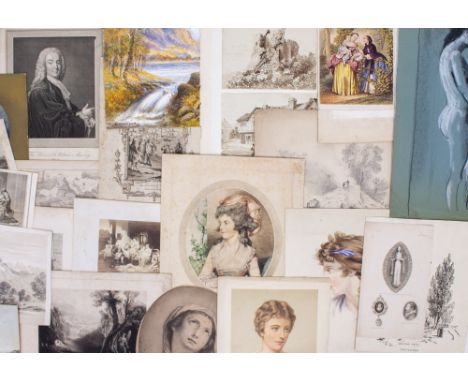 A FOLDER OF ANTIQUE PRINTS AND WATERCOLOURS to include a head and shoulder portrait of a lady, a landscape scene signed E.Mul