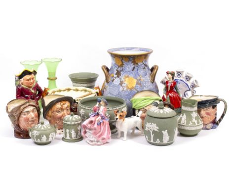A QUANTITY OF CHINA AND GLASS to include 20th century Wedgwood Jasper ware, character jugs, a large Royal Worcester blue and 