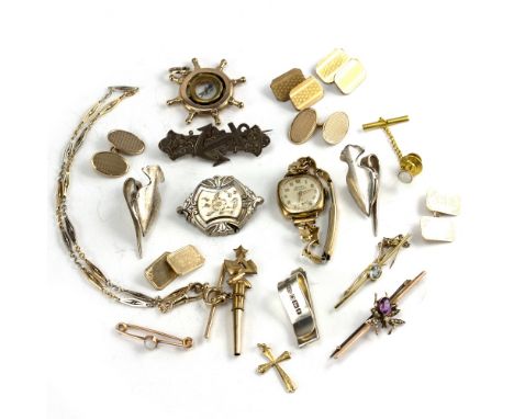 A SELECTION OF GOLD AND SILVER JEWELLERY  to include 9 carat gold cufflinks, a yellow metal mounted Rotary gent's wrist watch