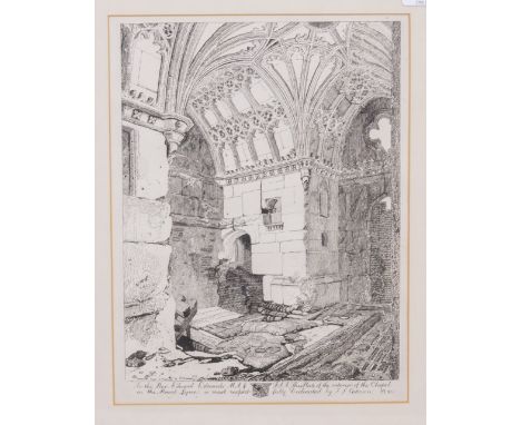 A PRINT AFTER JOHN SELL COTMAN depicting the Abbey Church of St Georges de Bocherville, 26.5cm x 37cm together with three fur