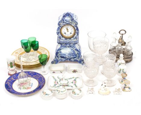 A DUTCH BLUE AND WHITE DELFT WARE MANTLE CLOCK 38cm high together with a quantity of ceramics and glassware to include a cele