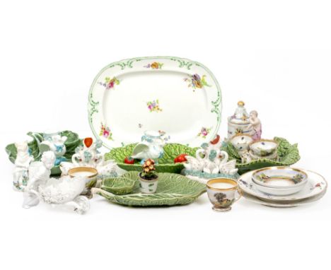 A COLLECTION OF CERAMICS  to include an antique Meissen porcelain twin bowl centrepiece, ceramic plates, Staffordshire potter