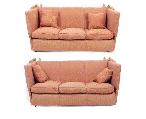A PAIR OF CONTEMPORARY KNOWLE DROP ARM BROCADE UPHOLSTERED SOFAS of gold pattern on a coral ground, each sofa 204cm wide x 91