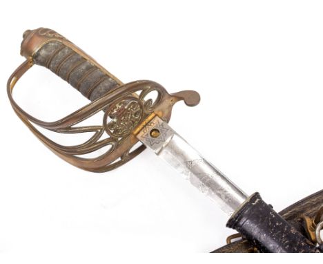 A LATE 19TH CENTURY BRITISH INFANTRY OFFICERS SWORD the brass hilt with a Victorian cipher and having a fish skin grip, a Hen