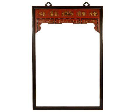 A LARGE ORIENTAL BLACK AND OXBLOOD RED LACQUERED WALL MIRROR with panels above the mirror plate decorated with figures and in