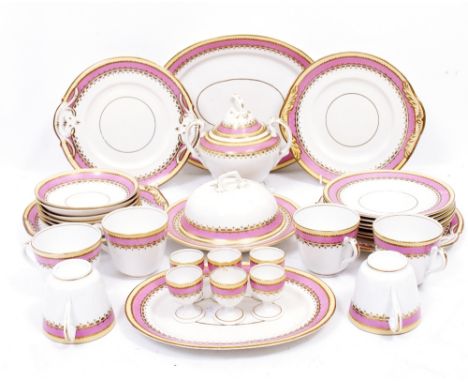 A VICTORIAN PORCELAIN TEA SERVICE with pink and gilded decoration to include six cups and saucers, teapot, sugar bowl, servin