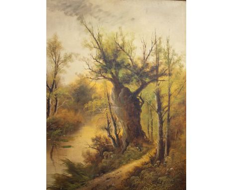 A PAIR OF LARGE VICTORIAN LANDSCAPE OIL PAINTINGS ON CANVAS in gilded gesso frames, the painting 100cm x 74cm and a collectio