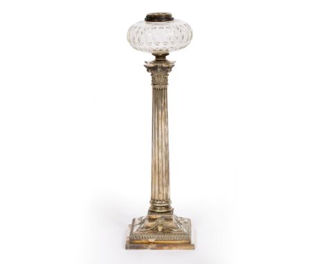 A 19TH CENTURY SILVER PLATED OIL LAMP BASE of fluted classical column form with cut glass reservoir, the square spreading ste