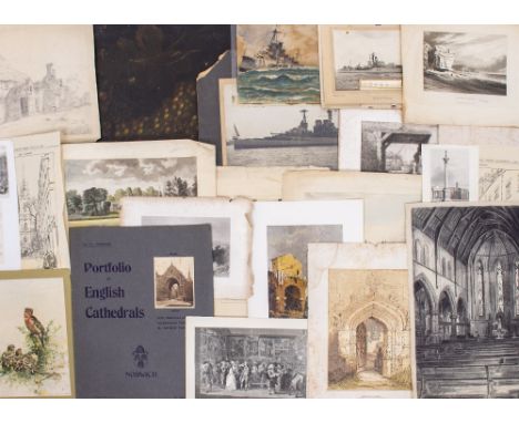 A GROUP OF ANTIQUE AND LATER UNFRAMED PICTURES, PRINTS, PHOTOGRAPHS AND AN ANTIQUE MAP to include a photograph of HMS Repulse