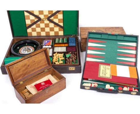 A 19TH CENTURY OAK LIDDED BOX on brass bun feet, a 19th century wooden box and contents to include a mahjong set with counter