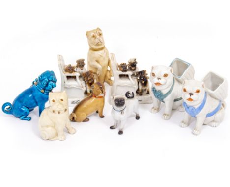 A COLLECTION OF CERAMIC PUGS to include a Meissen style example, a blue glazed Chinese style example etc (a quantity)