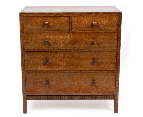 A 20TH CENTURY WARING &amp; GILLOW LIGHT OAK CHEST OF DRAWERS fitted with two short and three long drawers, standing on squar