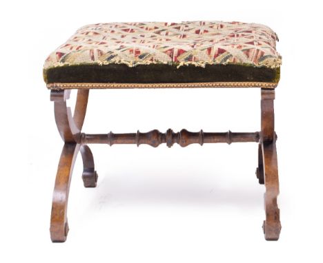 A MINIATURE ANTIQUE WING BACK ARMCHAIR with red upholstered fabric on mahogany cabriole legs, a 19th century X framed upholst