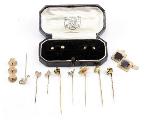 A COLLECTION OF 9 CARAT AND OTHER YELLOW GOLD STUDS, CUFFLINKS AND STICK PINS to include Victorian floral example, heart shap