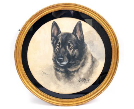 REUBEN WARD BINKS (1880-1950) Head and shoulder dog portrait, watercolour, signed and dated 1922, 30cm diameter, framed and g