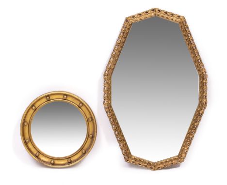 A VINTAGE FAN SHAPED BEVELLED EDGE WALL MIRROR, a Regency style circular mirror and one other gilt framed mirror (3)