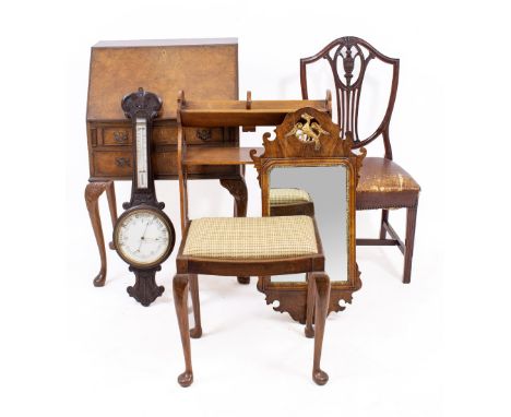 A WALNUT BUREAU 65cm wide together with an oak bookstand, fret framed wall mirror, barometer, a chair and a stool (6)
