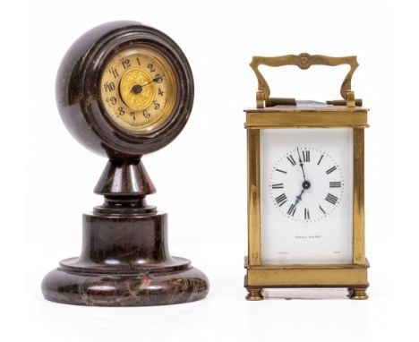 A BRITISH UNITED CLOCK CO LIMITED CORNISH SERPENTINE MANTLE TIMEPIECE 18cm in height, and a brass carriage timepiece retailed