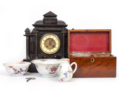 A 19TH CENTURY POSSIBLY GERMAN SLATE MANTLE CLOCK, a Victorian mahogany tea caddy with cut glass bowl, a porcelain sparrowbea