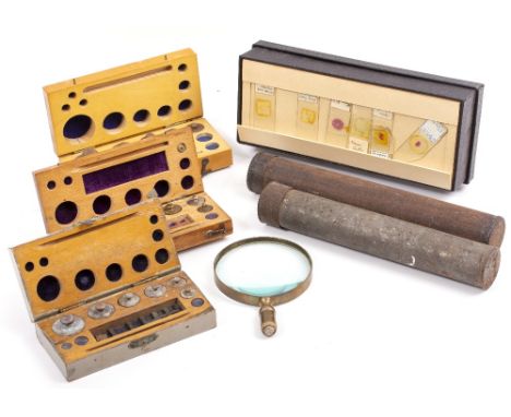 A BOX OF APPROXIMATELY FIFTY ANTIQUE MICROSCOPE SLIDES, three cased scales and two old glass and mercury hydrometers and a ma