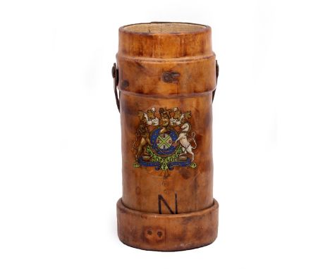 AN ANTIQUE LEATHER SHELL CASED STICK STAND with a printed coat of arms and numbered 56 to the base, 18cm diameter x 40cm high