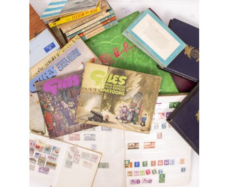 A COLLECTION OF STAMPS AND FIRST DAY COVERS in stock books and various albums together with five Giles cartoon books and furt