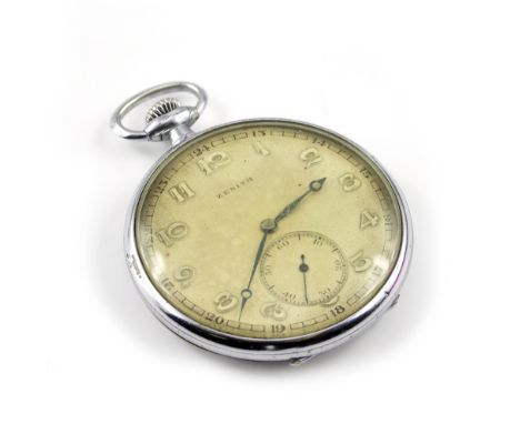 A ZENITH CHROME PLATED POCKET WATCH with subsidiary second hand and Arabic numerals, 47cm diameter 