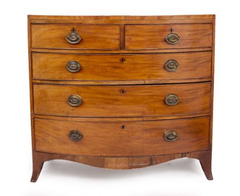 A 19TH CENTURY MAHOGANY BOW FRONTED CHEST OF TWO SHORT AND THREE LONG DRAWERS with splayed bracket feet, 113cm wide x 56cm de