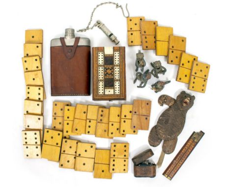 A TREEN MARQUETRY INLAID CRIBBAGE BOARD a set of wooden dominoes, Acme whistle, hip flask, metal wobble head Victorian cats p