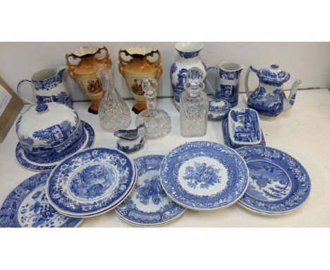 Blue and white ceramics, glassware and pottery to include a Spode Italian pattern cheese dome, coffee pot, vase plates, decan