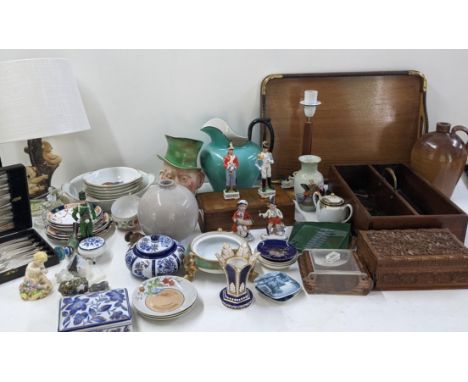 A mixed lot to include a salt glazed jug, 19th century Spode spill vase, Brentleight porcelain table lamp and other itemsLoca