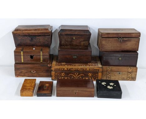 A selection of mainly 19th century boxes to include a rosewood marquetry inlaid example, an early 19th century tea caddy and 