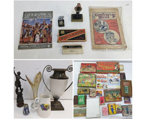 A mixed lot to include vintage board games, puzzles, and playing cards, a 19th century French spelter figurine titled 'La Mus