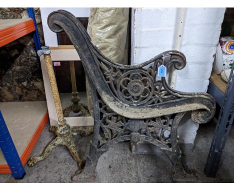 A pair of vintage painted cast iron bench ends, and a painted cast iron stand Location:If there is no condition report shown,
