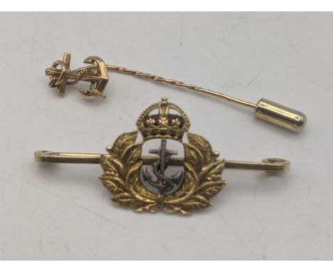 A 15ct gold naval sweetheart brooch 4.3g together with a 9ct gold stick pin fashioned as an anchor 1.2gLocation:If there is n