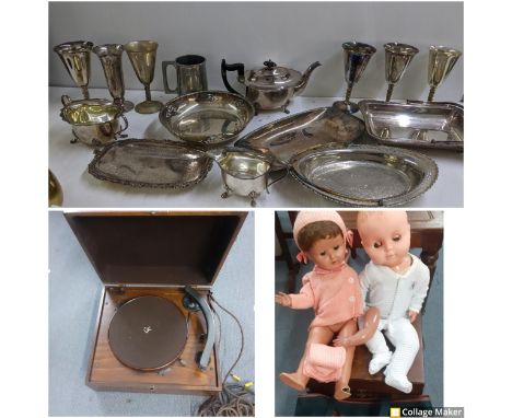 A mixed lot to include a silver plated tea pot, Falstaff goblets and other items together with a Columbia records gramophone,