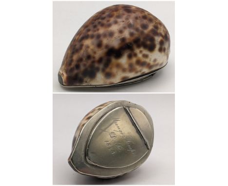 An early Victorian snuff box formed from a Cyprae Tigris seashell, with a silver plated engraved lidLocation:If there is no c