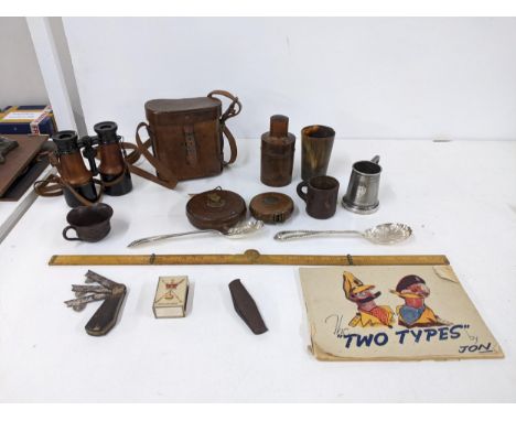 Mixed collectables to include vintage tape measures, a pair of vintage binoculars, flatware, a bone drinking cup, a silver pl