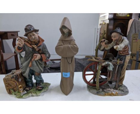Two Capi de Monte figures of an older gentleman mending his overcoat and another of a cutler and a Lladro monkLocation:If the