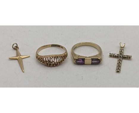 9ct gold comprising of two rings one set with amethyst and two cross pendants 6.8gLocation:If there is no condition report sh