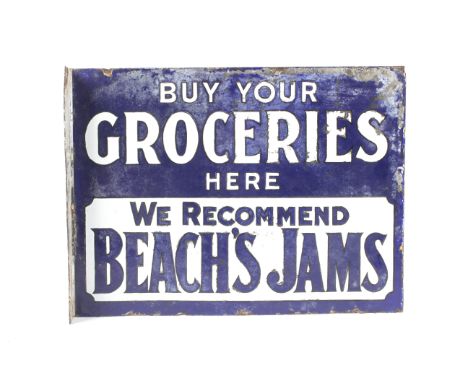 A vintage enamel double sided advertising sign for Beach's Jams. The other side inscribed 'Buy Your Groceries Here We Recomme