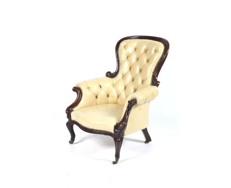 A Victorian Mahogany Library / Armchair with cream leather button back upholstery and brass stud decoration, 97.5 cm high