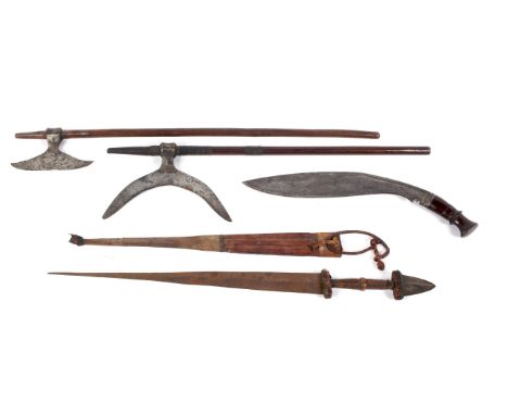 Ethnographic Native Tribal to include a treibal axe with shaped blade, , a smaller axe , a Sudanese scabbard and knife togeth