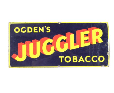 A vintage enamel Ogden's Juggler Tobacco advertising sign. Of rectangular form, with bold yellow and red lettering on a dark 