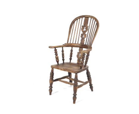 A 19 th century North Country  Ash and Elm Windsor armchair, bobbin turned supports and pierced and shaped splat, 1203.5 cm h